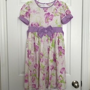 Purple White Floral Short Sleeve Dress Girls Size 9 With Front Bow Back Zipper